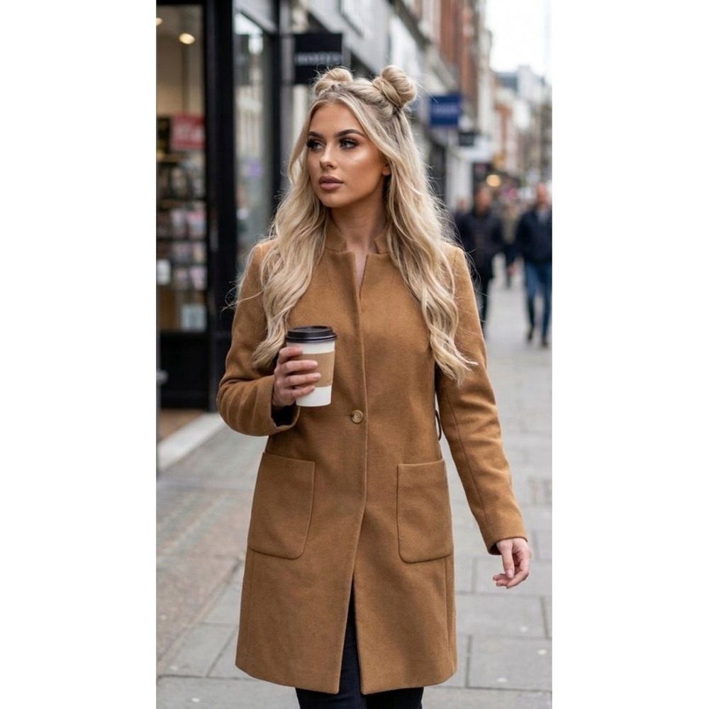 Zara Camel Wool Coat Womens Brown Mid Length Size M, One Button Belt 2 Pockets